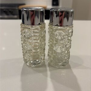 Glass Salt & Pepper Shakers w/ Metal Toppers For Sale